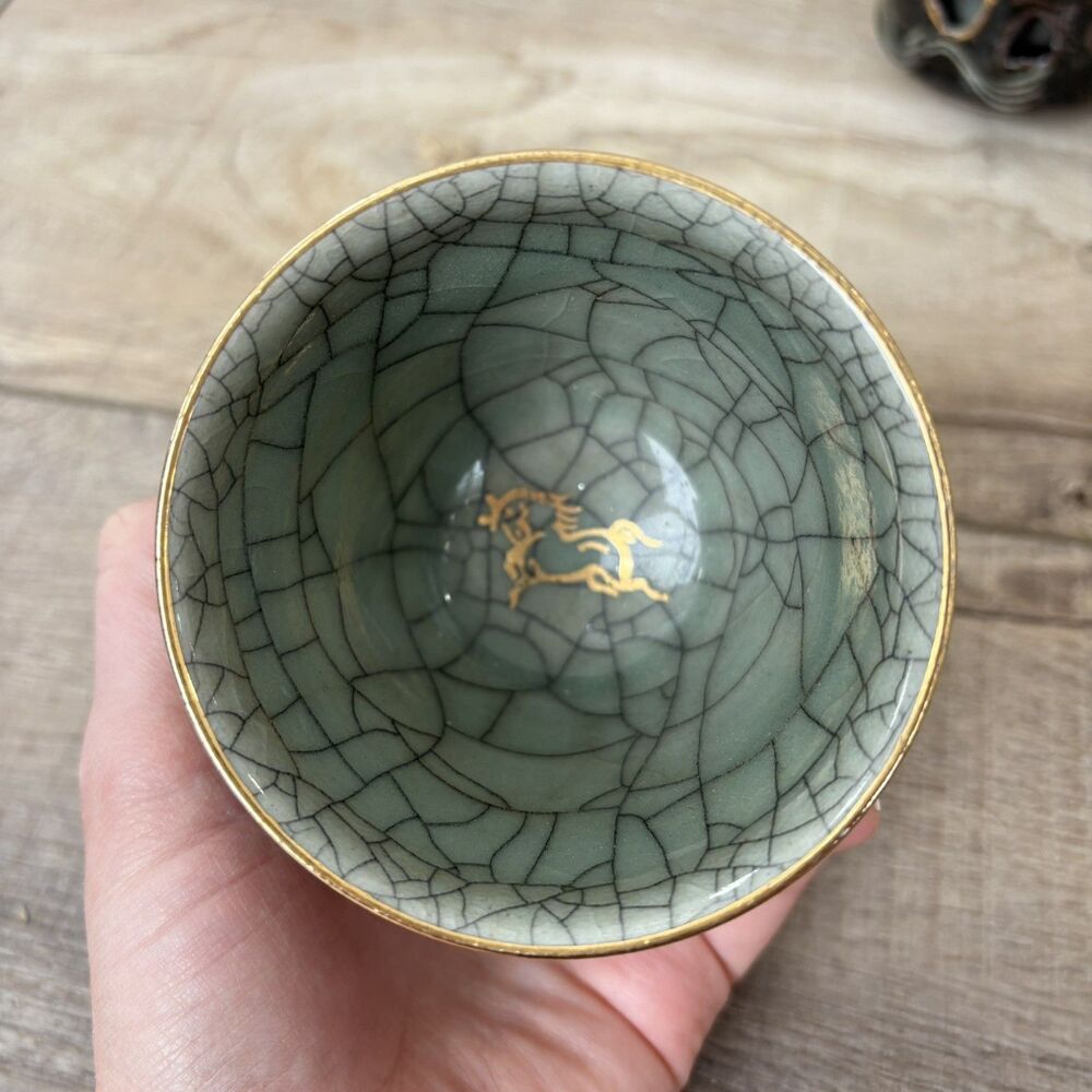 Vintage Somayaki Soma Ware Japan Double Wall Hearts Tea Cups Gold Horse Set of 7 - Picture 8 of 15